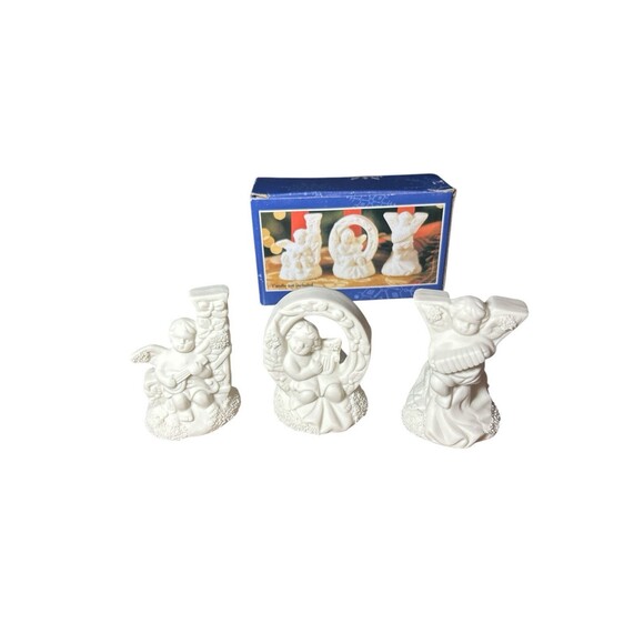 Christmas JOY Candle Holder Trio, Ceramic Bisque Cherub Angels Candleholder Set - Picture 15 of 15